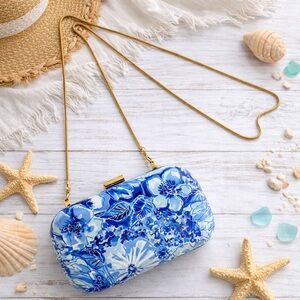 Blue Floral Hardcase Clutch with Gold Chain